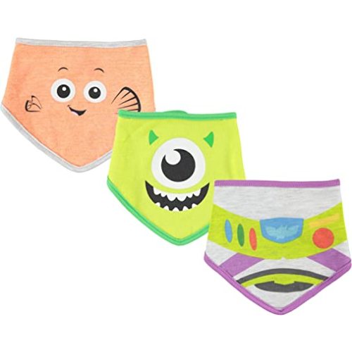Disney Baby Unisex Bandana Bib 3-Pack - Baby Bibs Featuring Buzz Lightyear, Mike Wazowski & Marlin (Orange/Green/Grey, 0-12M)