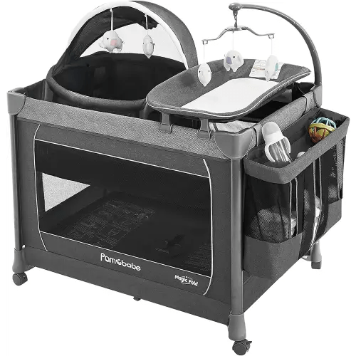 Pamo Babe 1-Second Setup 5-in-1 Playard for Babies - Heavy-Duty Steel Frame for Safe Sleep Space, Portable Crib with Zip Door & Changing Table, Locking Wheels, Breathable Mesh