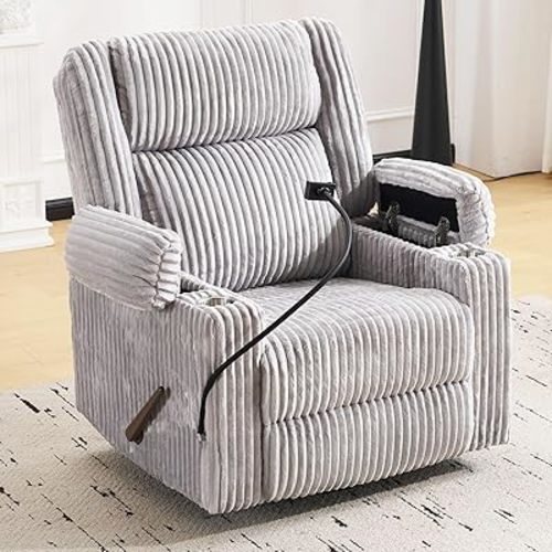 Oversized Manual Recliner Chair with Arm Storage,Swivel Rocker Recliner Chair for Adults with Adjustable Headrest,Nursery Glider Recliner with Phone Stand and Side Pockets for Living Room,Light Grey