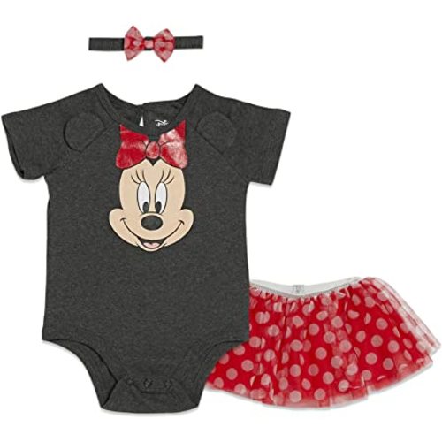 Disney Minnie Mouse Little Mermaid Cinderella Baby Girls Bodysuit Mesh Tutu and Headband 3 Piece Outfit Set Newborn to Infant