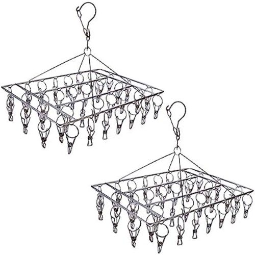 2 Pack Stainless Steel Sock Drying Rack with 72 Clips, Swivel Wind-Proof Hook Clothes Hanger Dryer for Sock, Underwear, Bra, Laundry Accessories