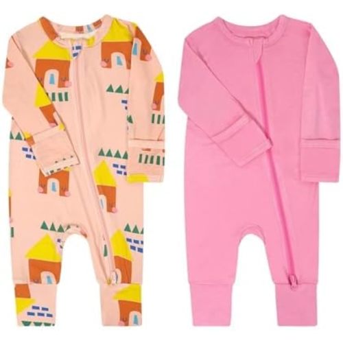 Teach Leanbh Baby Boys Girls 2 Pack Bamboo Viscose Pajamas with Mitten Cuffs 2 Way Zipper Long Sleeve Romper Sleep and Play