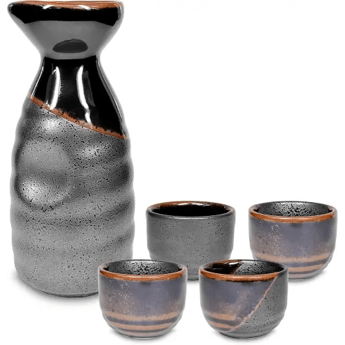 Product of Gifu Japan Japanese Sake Set, 1 Tokkuri Bottle Carafe and 4 Ochoko Cups Ceramic Sake Glasses, 5 Piece Set, Black Kuro Oribe