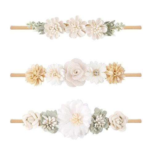 Baby Girls Floral Headbands Set-Flower Crown Elastic Hairband for Newborn Toddler Hair Accessories (Pack of 3)