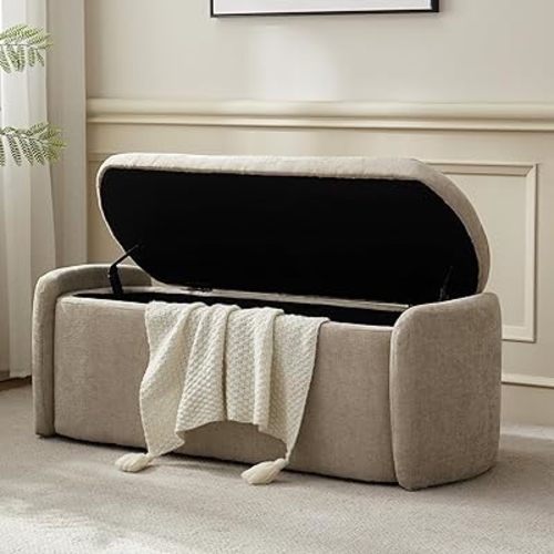 VKNOW Oval Storage Ottoman Bench, 46" Upholstered End of Bed Bench Ottomans Bench Foot Rest, Sherpa Storage Bench for Bedroom, Living Room and Hallway, Light Brown