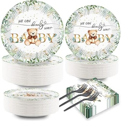 Naozinebi 200PCS Sage Green Bear Baby Shower Decoration Teddy Plates Napkins We Can Bearly Wait Paper Plates Greenery Bear Party Tableware Set for Gender Reveal Neutral Party Decor Supplies Serves 50