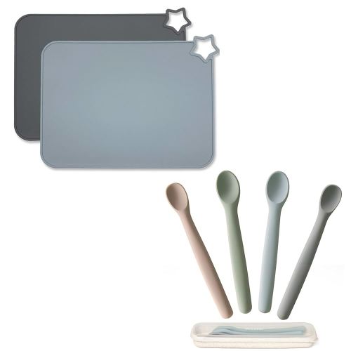 Moonkie Baby Mealtime Essentials Bundle | Silicone Placemats & Baby Spoons Set | Non-Slip Stain-Resistant Food Mats (2 Pack) & 4 Bendable First Stage Feeding Spoons with Case | BPA-Free, Chewproof & P