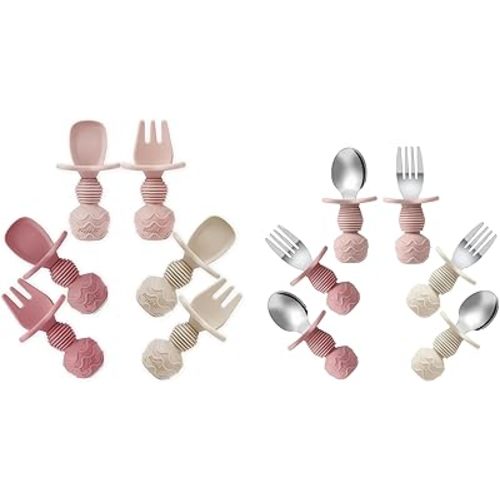 PandaEar 12 Pack Silicone Baby Spoons and Fork, Pink