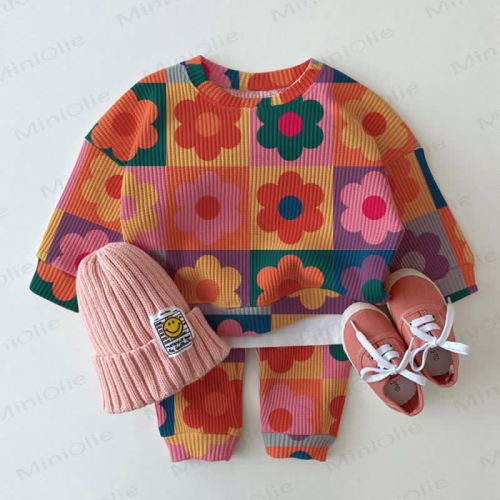 Baby Waffle Colorful Plaid Flower Sweatshirt 2-piece Pink Set