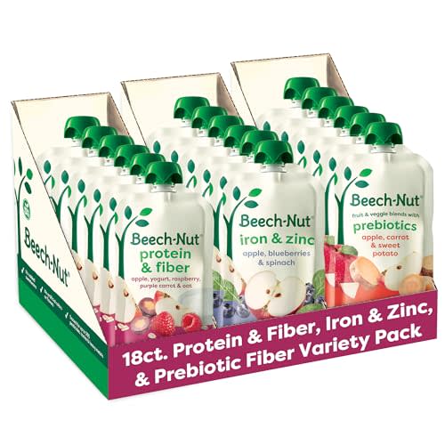 Beech-Nut Stage 4 Fruit & Veggie Baby Food Pouch Variety Pack, 18 Pouches | Real Fruit & Veggie Baby Food Pouches, Stage 4 Variety Pack with Protein & Fiber, Iron & Zinc & Prebiotic Fiber