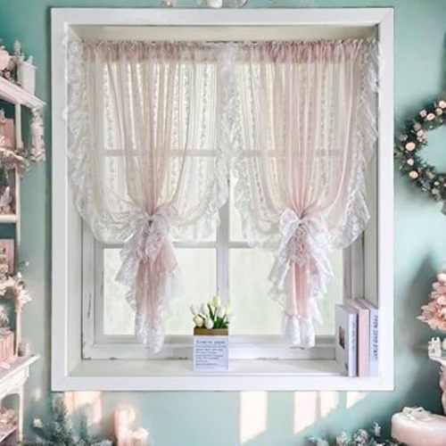 Floral Embroidery Sheer Lace Curtain with Ruffle Trim Romantic Gauze Curtains for Girl's Bedroom Living Room Rod Pocket Top 2 Panels (Pink,W59 x L78 inches)