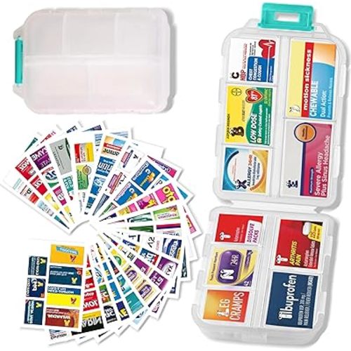 Pill Organizer With Medicine Labels - 7 Day Travel Daily Container, Mini Medication Storage Case, White With 161 Labels
