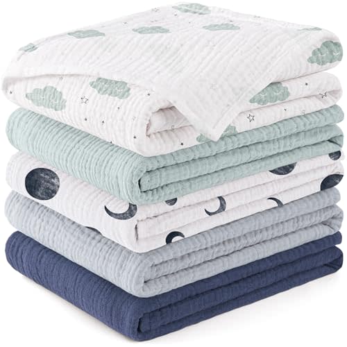 Susurration Baby Burp Cloths 5 Pack 100% Cotton Muslin Baby Washcloths 23.6 * 23.6 inch, Burping Cloths for Babies, Newborn Baby Boys Girls Essentials-Blue