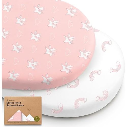 2-Pack Organic Bassinet Sheets for Girls, Boys - 33x17 Cotton Bassinet Mattress Sheets Fitted Compatible with Halo Bassinest Swivel Sleeper, Graco, Baby Delight, Chicco, Soft & Breathable (Dreamland)