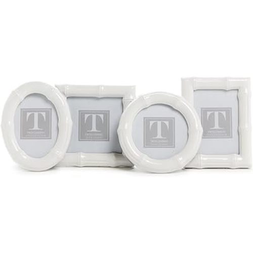 Two's Company Set of 4 High Gloss Faux Bamboo Photo Frame, Includes 4 Shapes, Resin and Glass, White, Home Decor Accessories