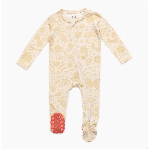 Bamboo Footie Zipper Baby Pajama - Beige Butterflies & Flowers Bamboo Onesie Sleeper - Deep Breath Affirmation – Raising Mama