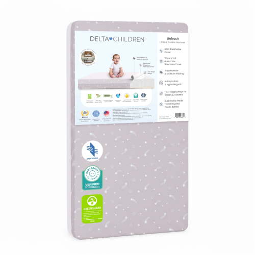 Delta Children Refresh 2-Stage Crib and Toddler Mattress - Breathable Cover and Core - Machine Washable - GREENGUARD Gold – Waterproof - Sustainably Sourced Core, Pink