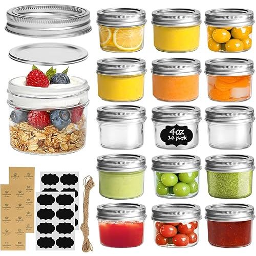 ComSaf Mini Mason Jars 4oz - 16 Pack, Regular Mouth Mason Jar with Lids and Seal Bands, Small Glass Canning Jar for Spice, Jam, Honey, Jelly, Dessert, Shower Wedding Favors, DIY Candles Decor