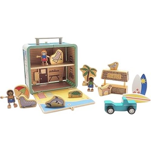 Jack Rabbit Creations Surf Shack Suitcase Playset 17 Eco-Friendly Wooden Figures- Travel Toys- Includes Surfer Kids, Surf Boards, Snack Shack, Dog and Marine Animals- Boys and Girls 3+