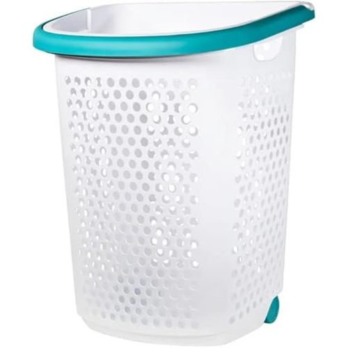 Wheeled Design Clothes Laundry Basket, 70.52 Liter Capacity Mind Reader Basket Collection, 2 Bushel Rolling Plastic Laundry Hamper with Pop-up Handle, White, Large