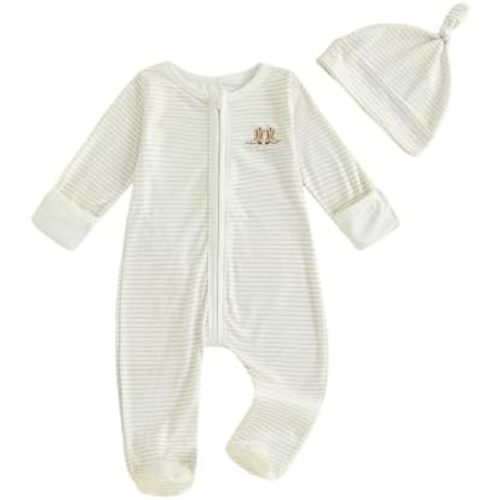 Infant Boy Western Footie Rompers Newborn Baby Coming Home Outfit Fall Clothes Long Sleeve Striped Jumpsuit with Hat