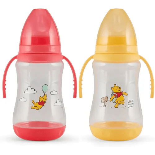 Disney 2 Pack 10 Ounce Baby Bottles with Character Prints and Colored Covers with Double Handle - BPA Free and Easy to Clean