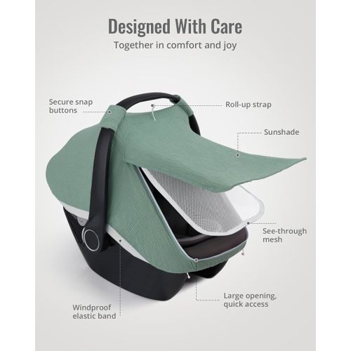 Blissful Diary Muslin Baby Car Seat Cover, Infant Canopy, Roman Green | Breathable Large Mesh Window, 360° fits most seats, Windproof, Easy baby access, Baby must have & essentials, Newborn gift