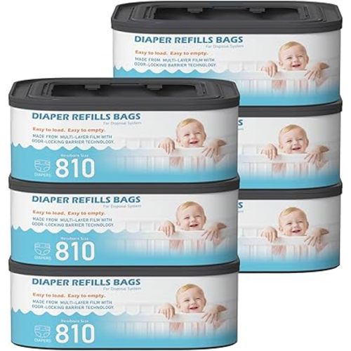 Jumbo Square Refills Disposal Bags Refill (Baby Powder Scent) Compatible with Diaper Genie Classic, Compact and Select Pails, Hold Up to 810 Newborn-Sized Diapers Per Refill, 6 Packs