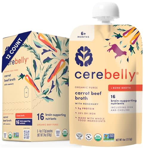 Cerebelly Organic Baby Food Pouches, Carrot Beef Bone Broth Purees, 16 Nutrients, Protein & Healthy Fats, 4oz, 12 Pack