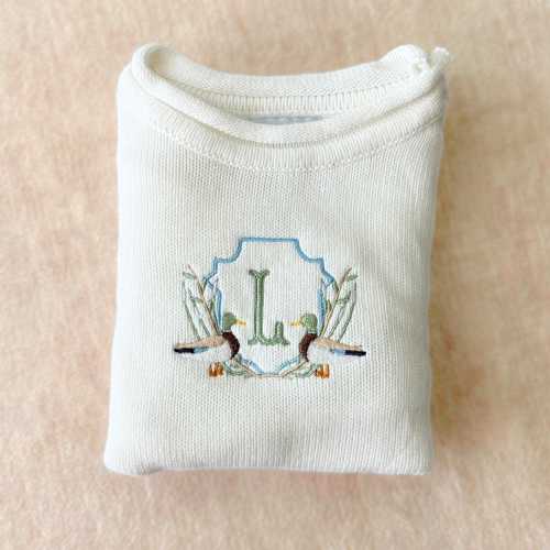 Custom Mallard Duck Baby Boy Romper Embroidered Monogram Toddler Fall Roll Neck Sweater Baby Shower Gift First Birthday Outfit Duck Theme