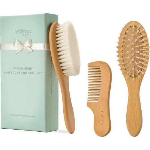 Natemia Wooden Baby Hair Brush & Comb Set for Newborns - Soft Bristle, Toddler Cradle Cap Brush - Toddler Comb - Perfect Baby Shower Registry Gift Set