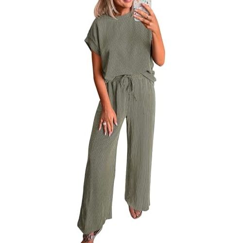 KIRUNDO 2 Piece Sets for Women Dressy Casual Ribbed Knit Short Sleeve Tops Wide Leg Pants Lounge Set Travel Airport Outfits