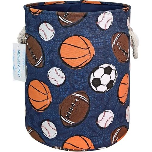 LANGYASHAN Laundry Basket Canvas Collapsible Organizer Storage Basket for Boys Girls Laundry Hamper Toy Bins Gift Baskets Bedroom Clothes Children Nursery (Navy Ball Game)