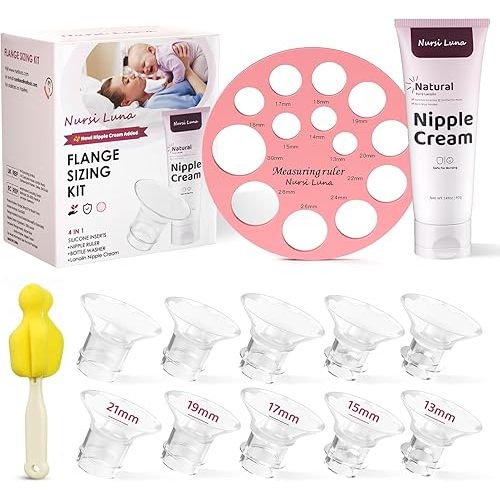 Flange Sizing Kit with Flange Inserts 10PCS, Nipple Ruler, Silicone Flanges Insert 13/15/17/19/21mm for 24mm Flange/Shield, Pumping Breastfeeding Essentials Kit