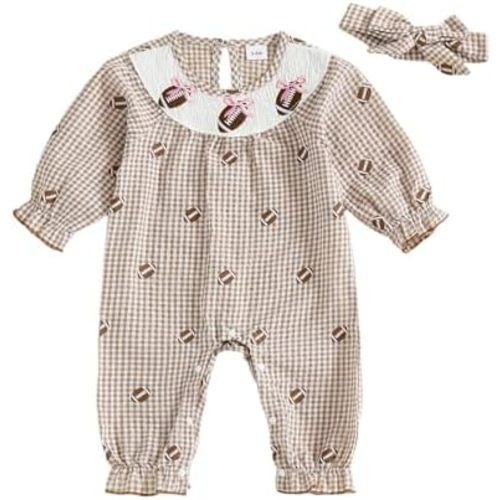 Honganda Newborn Baby Girl Football Outfit Long Sleeve Rugby Embroidery Jumpsuit Plaid Smocked Romper with Headband