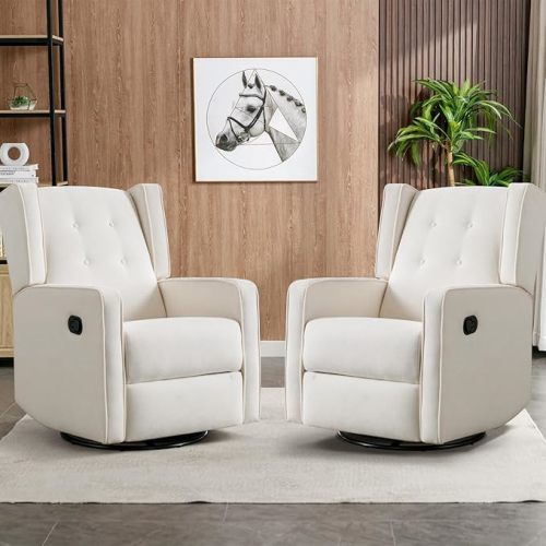 CANMOV Swivel Rocker Recliner Chair, Nursery Glider Chair, Nursery Rocking Chairs, Manual Reclining Chair, White