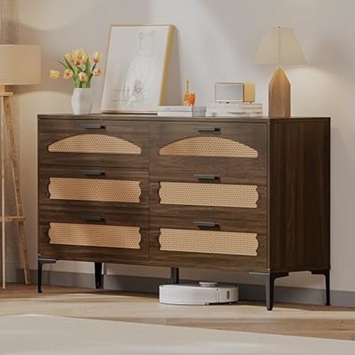 Mericonia 6 Drawer Double Dresser for Bedroom, Wood Rattan Dresser for Closet with Metal Legs, Boho TV Stand with Drawers, Dressers & Chests of Drawers for Bedroom, Hallway and Entryway, Walnut
