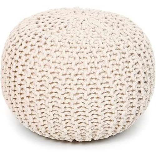 REDEARTH Round Pouf Ottoman - Cable Knitted Boho Poof - Home Décor Cord Pouffe Handmade Circular Footrest for Living Room - Bedroom - Kids Bedroom - 100% Cotton Pouf (19.5"x19.5"x14") - Natural