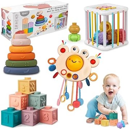 Montessori Toys for Babies 6 to 12 Months, Baby Toys Sensory Toys for Toddlers 1-3,Stacking Building Blocks & Rings & Pull String Teething Toys,4 in 1 Infants Learning Toys