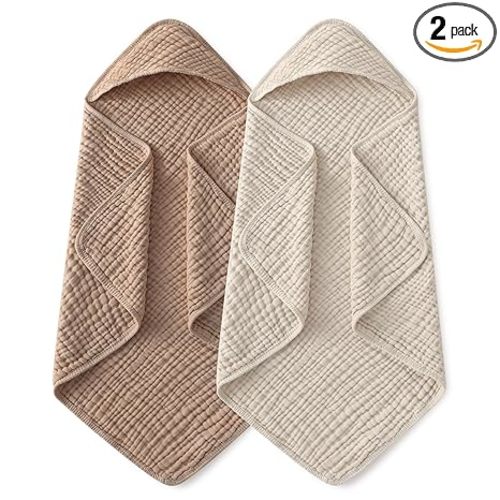 Yoofoss Hooded Baby Towels for Newborn 2 Pack 100% Muslin Organic Cotton Baby Bath Towel with Hood for Babies, Infant, Toddler and Kids, 32x32Inch, Soft and Absorbent Newborn Essential, Beige&Coffee