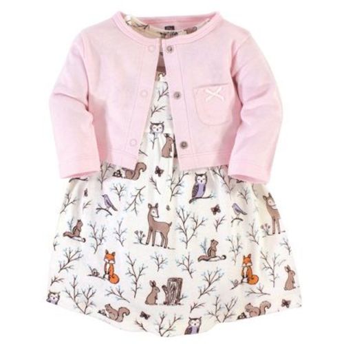 Hudson Baby Infant and Toddler Girl Cotton Dress and Cardigan 2pc Set, Enchanted Forest, 0-3 Months