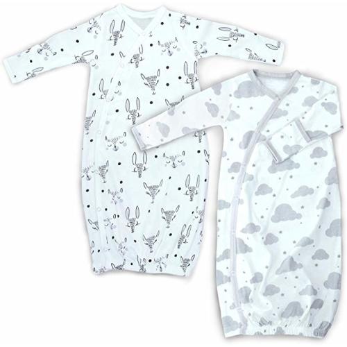 2 Pk 100% Organic Cotton Kimono Gown Boy Girl, Newborn - 3 Months Easy Change Snaps Built in Mitts, Gray/White Animals Clouds