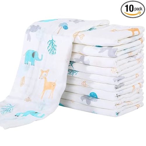 Yoofoss Muslin Burp Cloths for Baby 10 Pack 100% Organic Cotton Baby Washcloths for Boys Girls Large 20''X10'' Super Soft and Absorbent Elephant