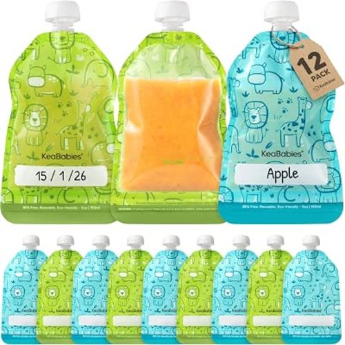 12-Pack Reusable Baby Food Pouches Refillable, 5oz, BPA-Free (Little Zoo)