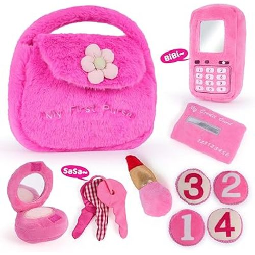 Plush Toddler Purse, My First Purse, Little Girl Purse with Soft Sensory Toy (Machine Washable), Pretend Play Toys for Girls Ages 1+, Perfect for Birthdays, Children's Day, Christmas