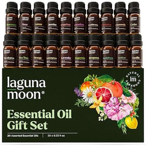 Lagunamoon Essential Oils Set, Top 20 Gift Set Oils for Diffusers, Humidifiers, Aromatherapy, Candle Making Scents, Cars & Home Products, Peppermint, Tea Tree, Lavender, Eucalyptus, Lemongrass (10mL)