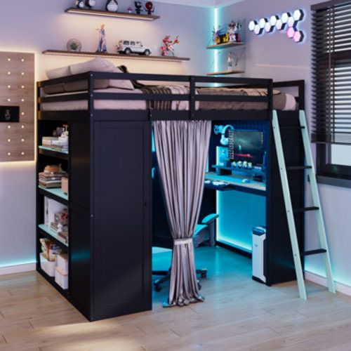 Wrought Studio™ Full Size Wood Loft Bed With,Wardrobe,Shelves,Blackout Curtains,And RGB Lights | Wayfair