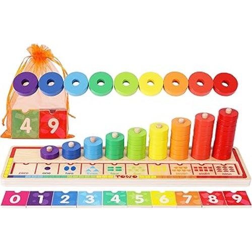 TOWO Wooden Stacking Rings and Counting Games with 45 Rings Number Blocks- Counting Ring Stacker-Wooden Sorting Counting Toy for 3 Years Old Kids Maths Learning Montessori Materials