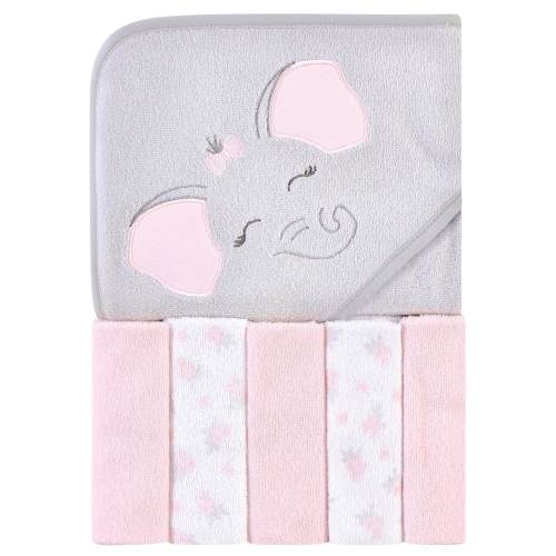 Hudson Baby Infant Girl Hooded Towel and Five Washcloths, Pink Elephant, One Size - Pink Elephant - One Size