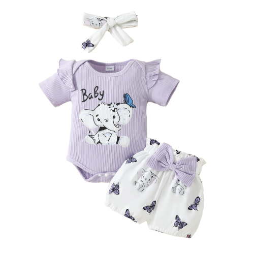 Hpapadks Baby Girl Outfits Infant Short Sleeve Cartoon Prints Romper Shorts Hairband Baby Girl Clothes Purple 9-12 Months